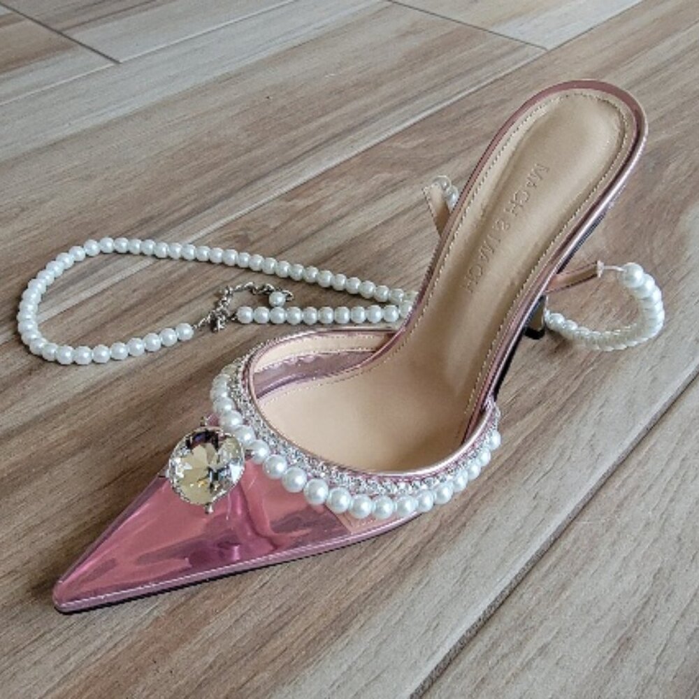 MACH & MACH Elizabeth Crystal Pink Leather Pearl Strappy PVC Shoe Eur. 37.5